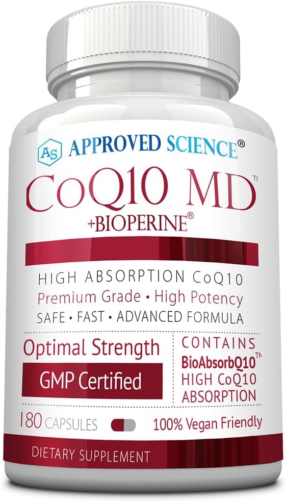 Approved Science CoQ10 MD - Extra Strength Pure CoQ10 300mg with BioPerine for Faster Absorption - Optimal Support Supplement - Vegan - 3 Month Supply