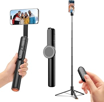 Moman 1366" Magnetic Selfie Stick Tripod with Auto-Deploy Stand, Portable Aluminum Magnetic Holder for MagSafe, 360 Rotatable Travel Phone Tripod with Rechargeable Remote for iPhone/Android