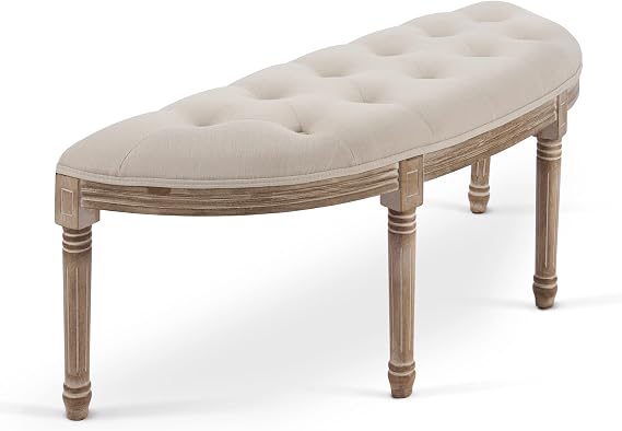 VONLUCE Vintage French Bench, Beige, 49" Upholstered Entryway Bench & Dining Bench, Rubberwood Legs, Padded Seat, 330-pound Weight Capacity