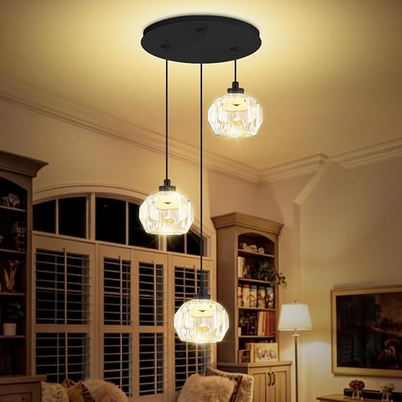 3-Light Crystal Pendant Light Black LED Crystals Ball Chandeleir Enhance Kitchen Island, Bathroom, Bedroom, and Bar