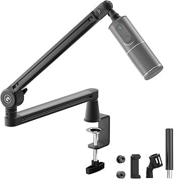 CMTECK Microphone Boom Arm, Low Profile Microphone Arm Stand with Cable Management, Desk Mount Clamp, 5.91" Extended Riser, Screw Adapter, 360 Adjustable Stick for Podcast Streaming Gaming Studio