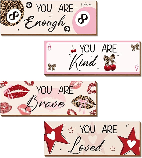 4 Pcs Pink Room Decor, Bow Decor for Girls Room, Positive Affirmations Wall Art Decors, Teen Girl Rooms Decorations Bedroom Bathroom
