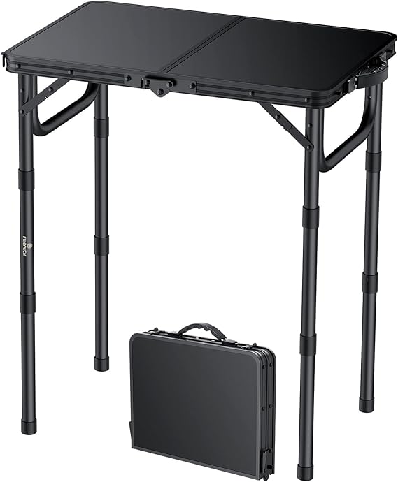 FUNYKICH 2ft Small Folding Camping Tables(58x40cm), 3 Height Adjustable Portable Picnic Table, Lightweight Aluminum Outdoor Table with Carry Handle for Camping, Picnic, BBQ, Black