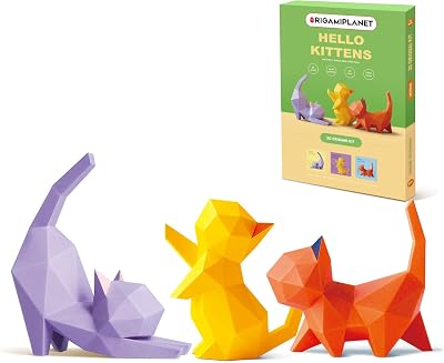 ORIGAMIPLANET Hello Kittens 3D Origami Paper Craft Gift Set-3 pcs, Cute Cat Pre-Cut Origami Kit, Animal Paper Sculpture for Teens & Adults – DIY Art Gift for Birthday, Classroom, STEM, Family Activity