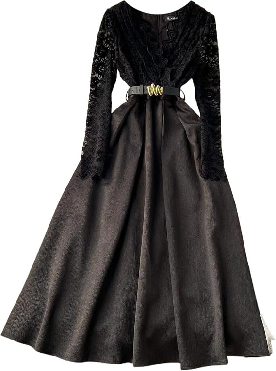 Embroidery Lace Midi Dresses for Women's V-Neck Hollow-Out Long Sleeve Dress black1 M