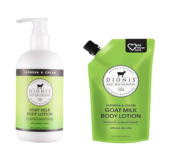 Dionis Goat Milk Skincare Verbena & Cream Scented Bundle Moisturizing 8.5oz Bottle + 16.9oz Refill Pouch Deeply Hydrating Body Lotion for Dry Skin, Cruelty Free, Clean Ingredients & Dermatologist Test