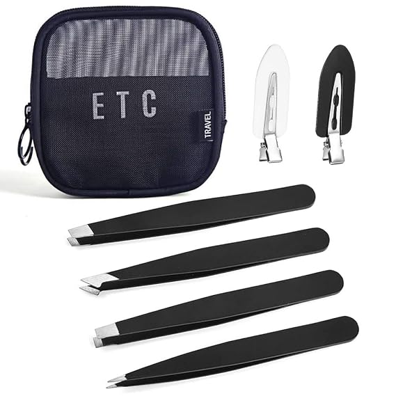 Tweezers Set, ABOLINE 4 Pack Precision Tweezers For Eyebrows,Professional Slant Tip Tweezer Set for Hair Remove with Travel Bag & Hair Clips(Black)