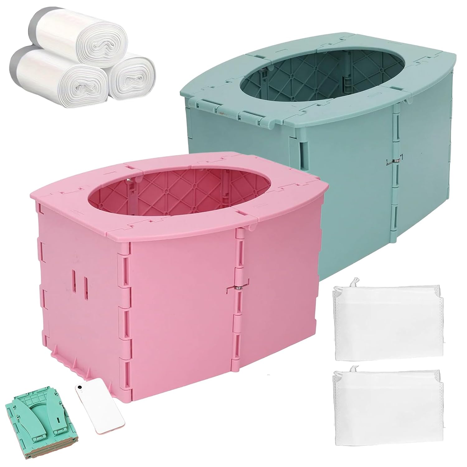 Baby Whisper Co Travel Potty, Pottypal - Portable Potty, Small Portable Camping Potty, Foldable Pottys Seat with Cleaning Bags, Reusable Toilet for Car, Camping, Outdoor and Indoor Use PinkGreen