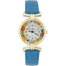 Glass Of Venice Murano Glass Millefiori Watch Round Multicolor Gold-Tone - 1" Face with Light Blue Band for Women - Handmade in Italy