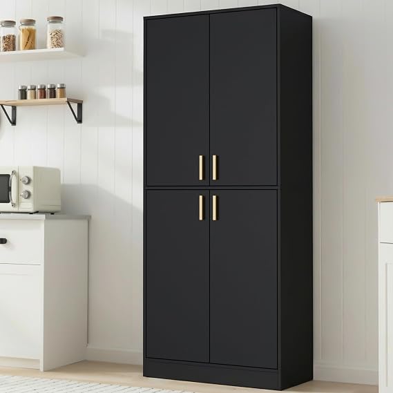 Cozy Castle Kitchen Pantry Cabinet, 71" Tall Wood Storage Cabinet with Doors and Shelves 4 Doors Freestanding Cupboard for Dining Room Living Room Furniture, Black