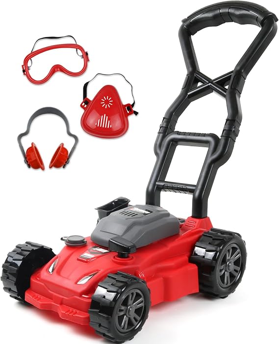 Kids Toy Lawn Mower Toddler Landscaping Gardening Tools | Includes Mask, Safety Goggles, Earmuffs