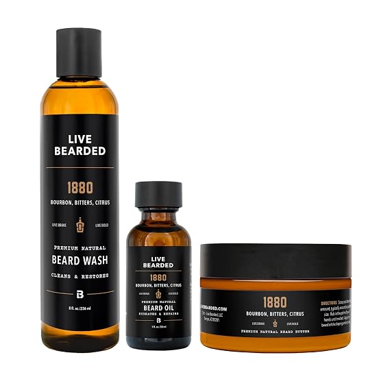 Live Bearded 3-Step Beard Grooming Kit - Wash, Oil and Butter - Made in the USA - All-Natural Ingredients with Shea, Jojoba - Growth Support | 1880 Scent - Bourbon, Bitters, Citrus