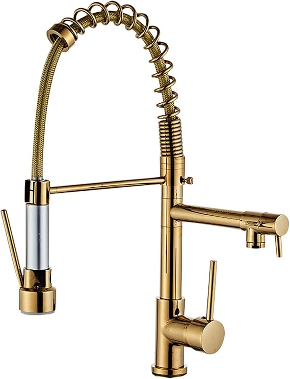 Commercial Spring Kitchen Faucet, Golden High Arc 360° Swivel Kitchen Sink Faucet, Pull Down Spray, Brass Dual Handle Hot and Cold Water Mixer Tap