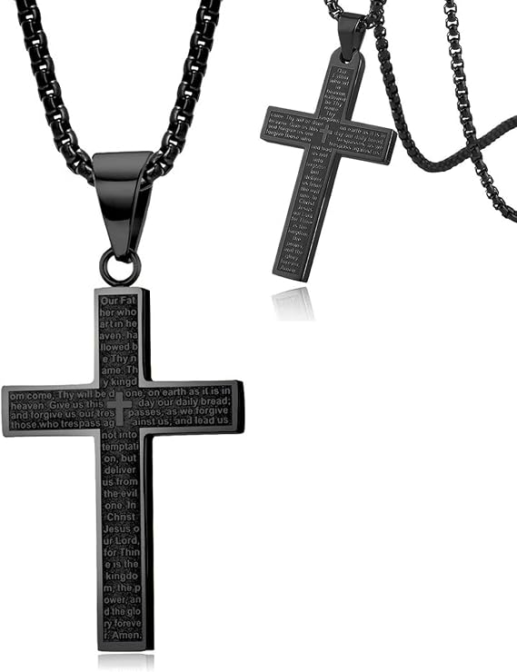 Cross Necklace – 1 Piece Men's Necklace Cross Necklace for Men Jewellery Stainless Steel Cross Pendant with 60 cm Chain Stainless Steel Pendant Secure Clasp Colour: Black
