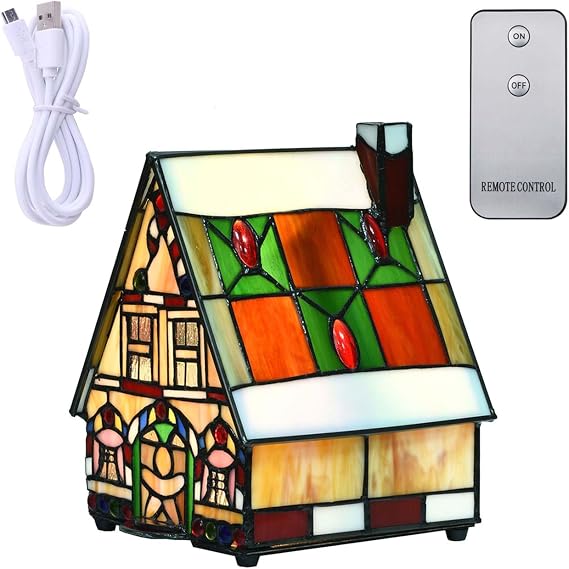 Bieye L10677 Gingerbread House Tiffany Style Stained Glass Accent Table Lamp with LED Light Inside, 7" L x 6" W x 9" H