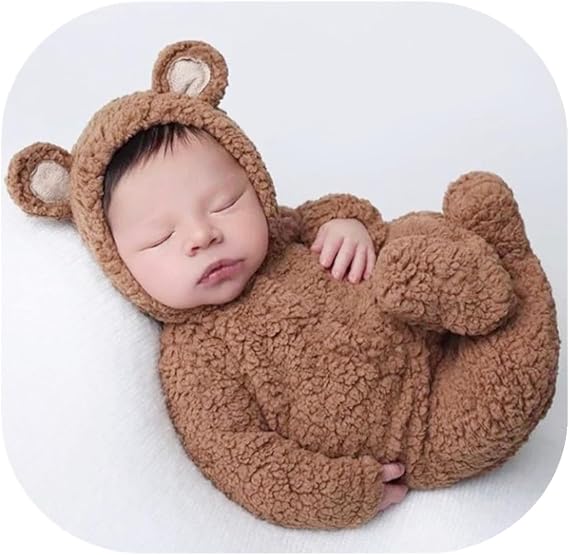 Newborn Photography Bear Outfits Hat & Footed Romper Photo Props | Bear Costume Set for Baby Boys Girls Photography, Infant Photo Shoot Costume Prop for Newborn Sessions