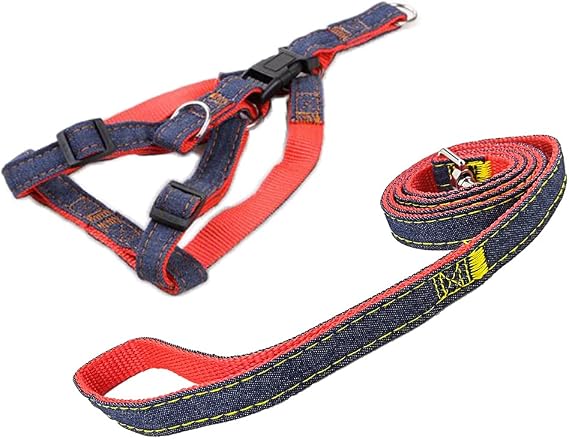 Fashion Dogs Harness and Leash Set Denim Cloth Puppy Harness with Leashes for Dogs - Red - S