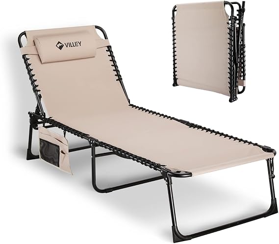 VILLEY Oversized Chaise Lounge Chair, Folding Outdoor Lounger, Beige