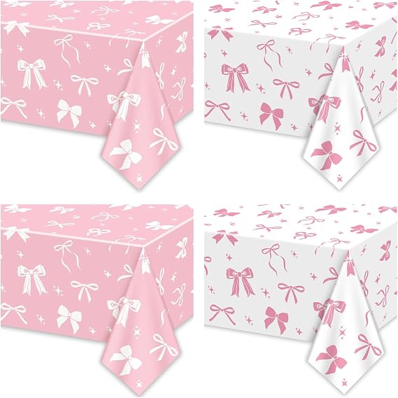 4 Pcs Pink Bow Table Cloths, 130 x 220 cm White and Pink Bow Birthday Decorations for Coquette Birthday Decorations Baby Shower Party Supplies