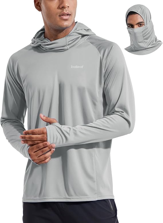 baleaf Mens UPF 50 Sun Hoodie Fishing with Face Mask Lightweight | Long Sleeve UV Protection Shirt;Wicking; Thumb Holes & Moisture Rash Guard Quick Dry for Fishing Hiking and Travelling