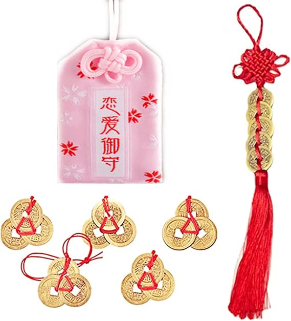 Japanese Omamori Sachet Japanese Shrine Amulet Omamori Charm Blessing Bag Good Luck Charms Pink 5 Chinese Feng Shui Coins and Chinese Feng Shui Coins Home Decor