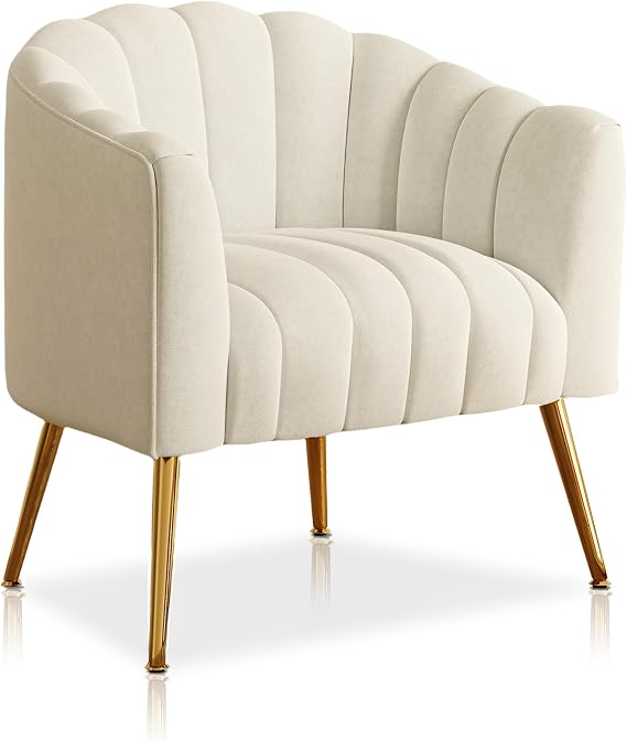 Accent Chair, Velvet Barrel Chairs, Modern Dining Chairs with Gold Plated Metal Legs, Thick Soft Padded Seat Living Room Chairs for Bedroom Kitchen(Beige)