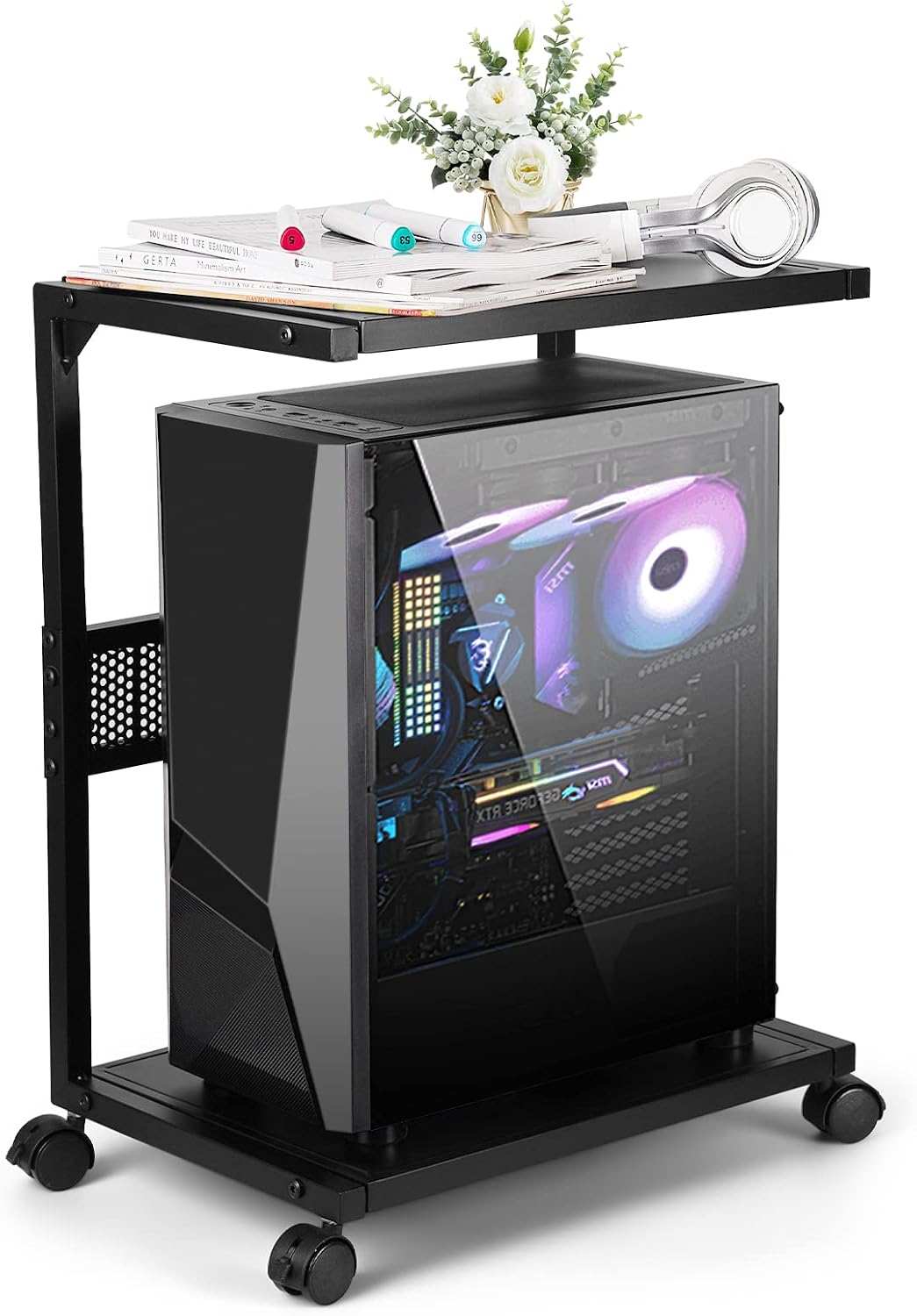 Bfttlity PC Stand - 2-Tier Metal Computer Tower Stand With Locking Caster Wheels Suitable for Most CPU S