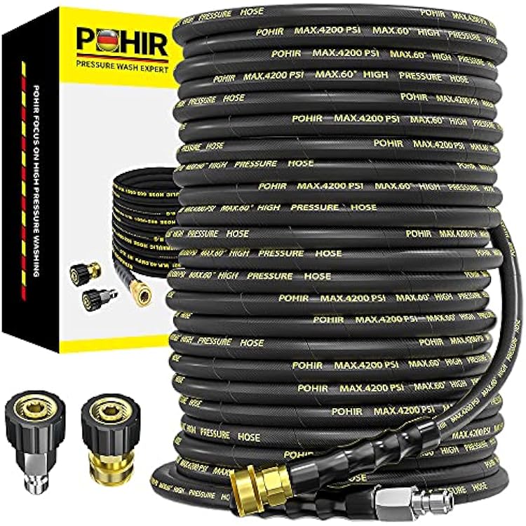 POHIR Pressure Washer Hose 150 FT with 38 Quick Connect, High Tensile Wire Braided Power Washer Hose with 2 Quick Connect Kits, Compatible M22 14mm, Hose for Pressure Washer, 4200 PSI
