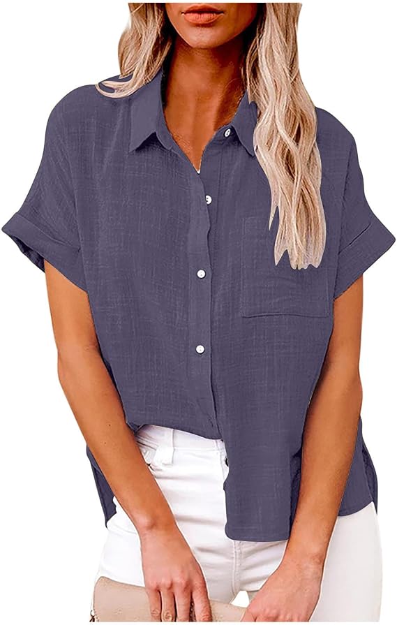 LRMQS Button Down Shirts for Women Short Sleeve Cotton Linen Shirt Tops Loose Fitting Collared Gauze Blouse Summer Clothing