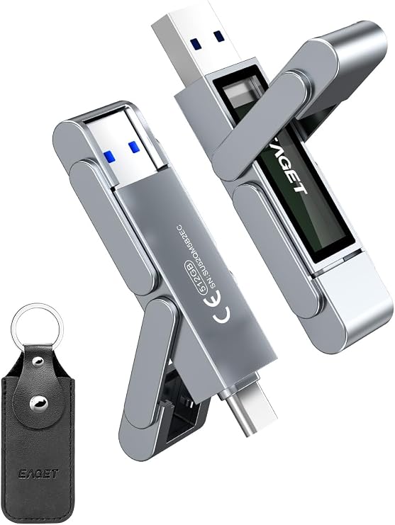 EAGET 128GB Flash Drive, USB-C Dual-Port Solid State Drive with USB 3.2, 560MB/s High-Speed Thumb Drive for iPhone 15/16/17 Pro, Android, Mac, PC, PS5 Durable Metal Body & Portable SSD