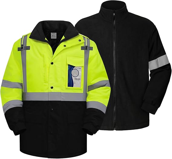TCCFCCT 3-in-1 Hi Vis Winter Bomber Jackets for Men with Zippered Detachable Fleece Liner, Waterproof Reflective Safety Construction Coats for Cold Weather, High Vis Rain Gear, 3-in-1-Yellow M