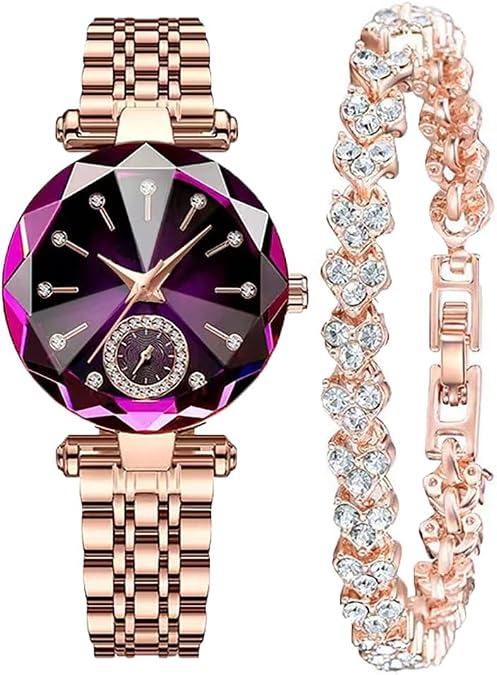 Women Watches with Bracelet Rose Gold for Lady Elegant Stainless Steel Strap Fashion Analog Creative Diamond Dial Wrist Watch
