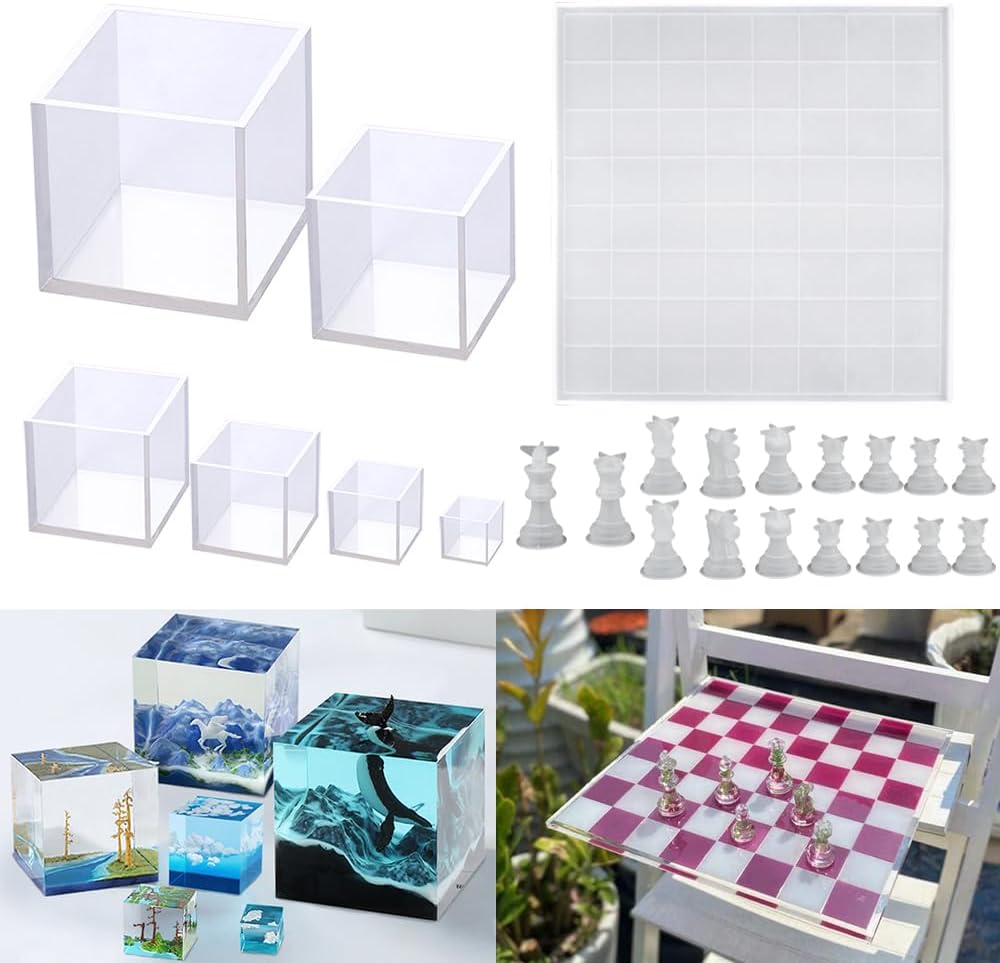 RESINWORLD 12 inches XL Large Checkers Chess Board Mold  Set of 4, 3, 2, 1.5, 1, 0.5 Clear Silicone Cube Molds, Large Deep Square Epoxy Resin Mold