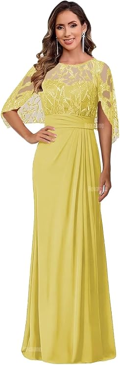 Lace Applique Mother of The Bride Dresses for Women Cap Sleeve Formal Dresses Long Chiffon Ruffle Wedding Guest Dress