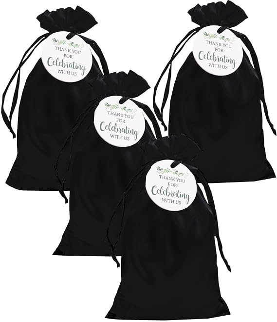 GUIFIER 30 PCS 6" x 9" Black Satin Gift Bags with Drawstring and Thank You Tags, Silk Jewelry Bags, Party Favor Bags, Fabric Gift Wrap Bags for Baby Shower, Bridal Shower, Christmas, Birthday, Wedding
