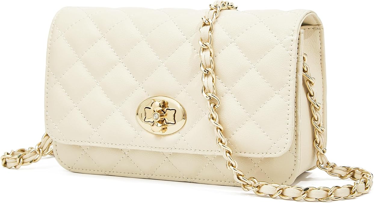 FOXLOVER Genuine Leather Quilted Crossbody Bags for Women Ladies Small Shoulder Flap Purse with Chain Strap