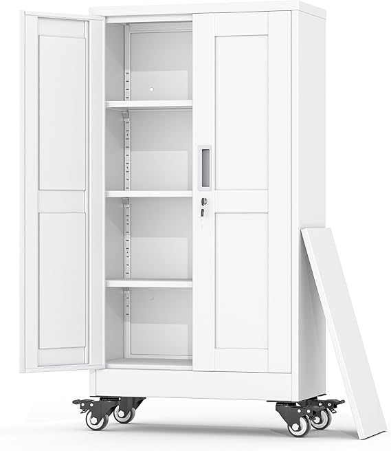 Metal Garage Storage Cabinet, 46Tall Rolling Utility Cabinet White