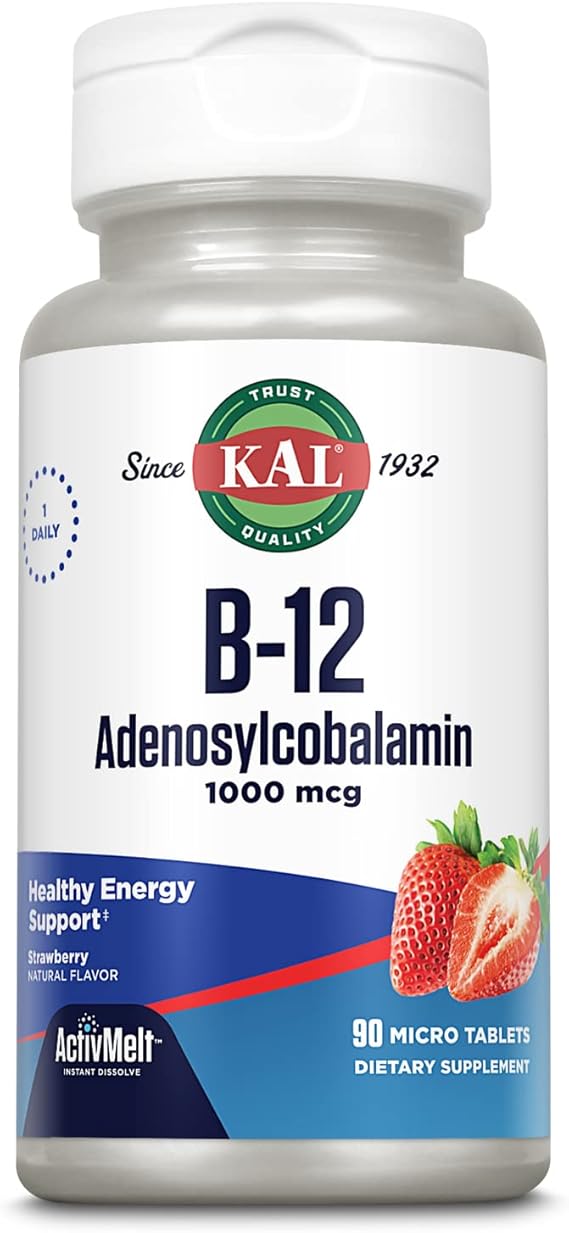 KAL Vitamin B12 Adenosylcobalamin 1000 mcg - B 12 Vitamin, Active B-12 1000mcg for Women & Men, Energy Support - Strawberry Flavor - 90 ActiveMelt Micro Tablets