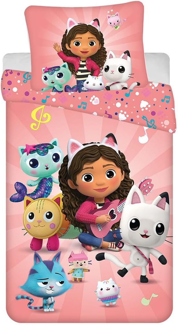 Gabby's Dollhouse Single Duvet Cover 140 x 200 cm and Pillowcase Set 70 x 90 cm, Pink
