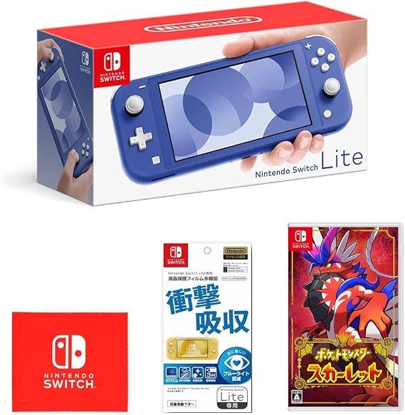 Nintendo Switch Lite ブルー＋任天堂ライセンス商品Nintendo Switch Lite専用液晶保護フィルム 多機能＋ポケットモンスター スカーレット -Switch Nintendo Switch ロゴデザイン マイクロファイバークロス 同梱