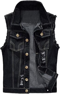 Burband Mens Punk Ripped Denim Vest Jackets Sleeveless Motorcycle Trucker Jean Jackets Retro Button Down Tank Tops S-6XL Black