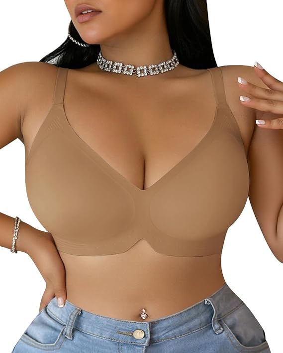 Jelly Bra for Women No Underwire, Seamless Wireless Push Up Bra, Full Coverage Supportive T-Shirt Bra for Plus Size, Back Smoothing Comfort Bra(Brown, 2XL)