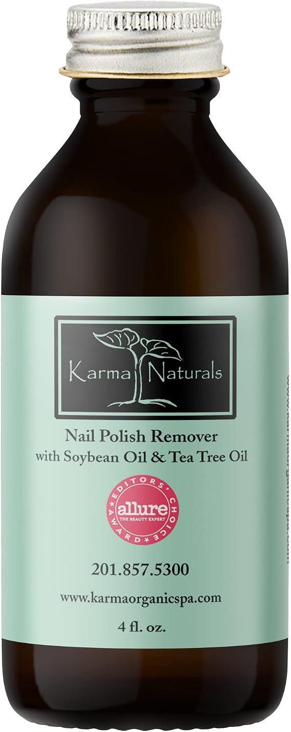 Karma Organic Nail Polish Remover with Soybean Oil and Tea Tree Oil- Non Toxic, Vegan, Cruelty Free, Acetone Free Nails Strengthener for Fingernails 4 fl. Oz.