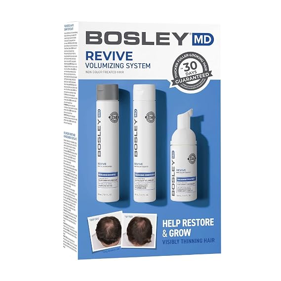 BosleyMD BOSRevive Volumizing Hair System for Non Color-Treated Hair DHT-Blocking Shampoo, Conditioner & Thickening Treatment Helps Restore & Thicken Visibly Thinning Hair Starter Size (30 Days)