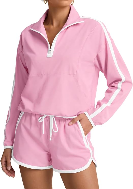 Fisoew Womens 2 Piece Outfits UPF 50+ Lightweight Windbreaker Jacket Athletic Short Sets Outdoor Tennis Running Tracksuits