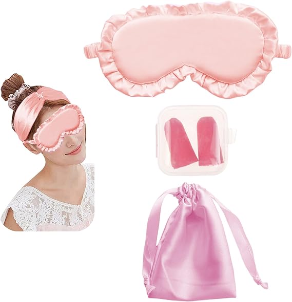 Ruffled Silk Satin Sleeping Eye Mask Set with Travel Pouch Earplug