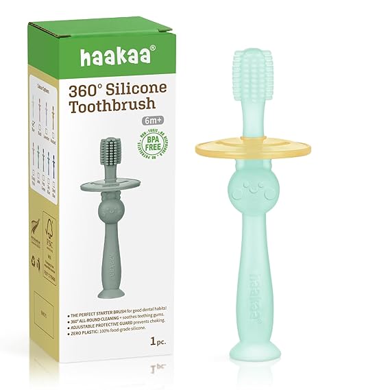 haakaa 360 Baby Toothbrush with Suction Base - Gentle Cleaning for Toddler's Self-Brushing Training, Food-Grade Silicone, Adjustable Safety Shield - Blue (1 Piece)