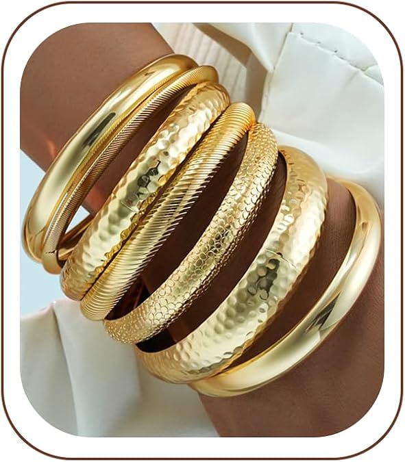 7Pcs Gold Bangle Bracelets for Women, 14K Plated Boho Indian Stackable Set