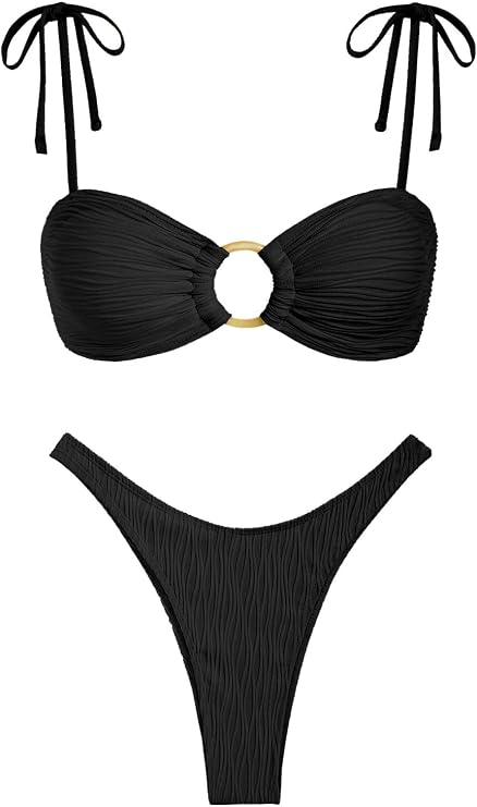 ZAFUL Women's Bandeau Bikini Tie Shoulder O Ring Cheeky Swimsuit | Tie Spaghetti Strap, Textured Fabric, Thong, High Cut, Low Waisted, Sexy, Two Piece Bathing Suits, Boho, Stripe