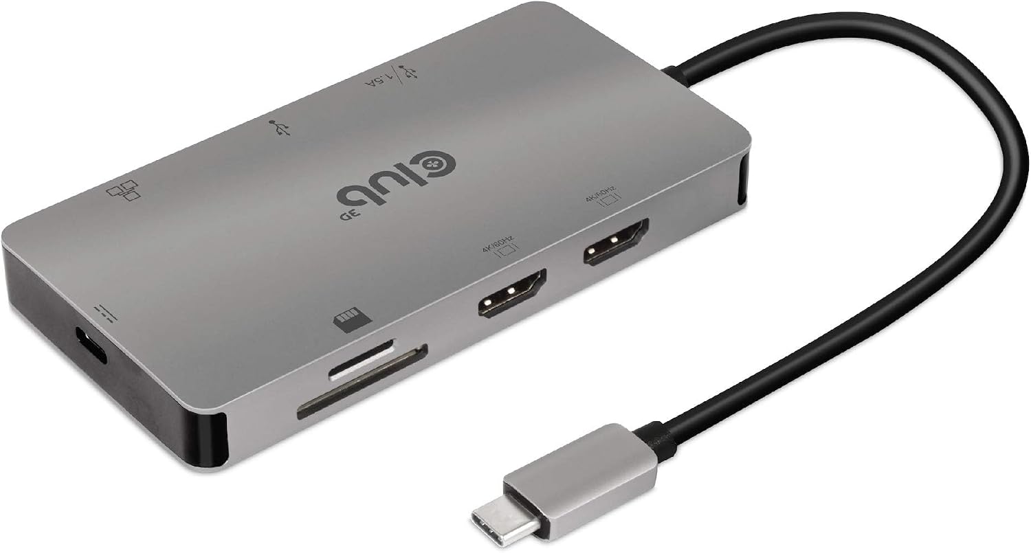 Club 3D CSV-1593 USB 3.2 Gen1 Type-C 8-in-1 hub with 2X HDMI, 2X USB-A, RJ45, SDMicro SD Card Slots and USB Type-C Female Port